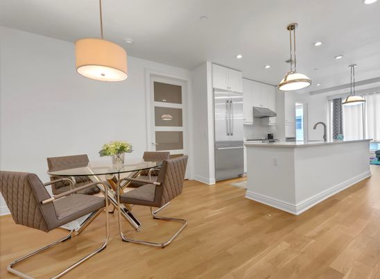 Dining room, Interior, Kitchen, Pendant Lights, Recessed Lighting, Stainless Steel Appliances, Wood Texture Flooring