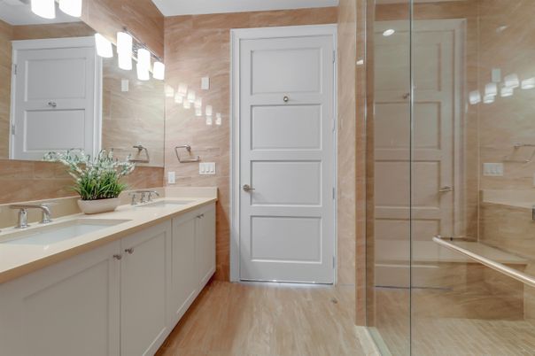 Bathroom, Dual Sink Vanities, Glass Shower, Interior, Wood Texture Flooring