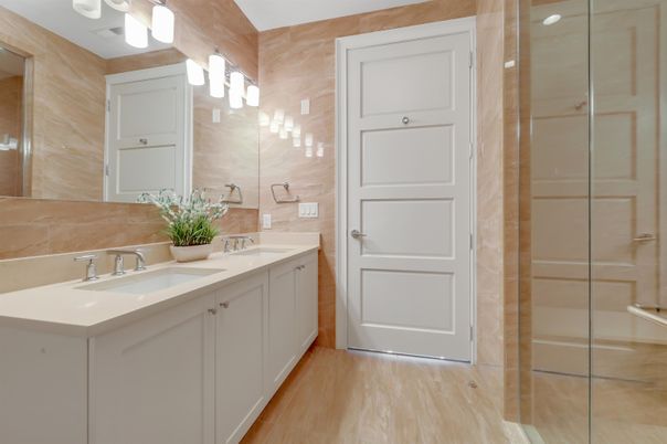 Bathroom, Dual Sink Vanities, Glass Shower, Interior, Wood Texture Flooring