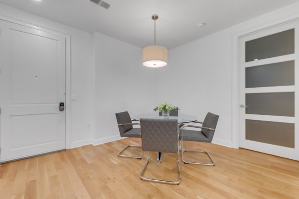 Dining room, Interior, Pendant Lights, Recessed Lighting, Wood Texture Flooring