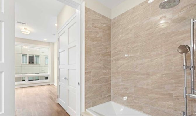 Bathroom, Glass Shower, Interior, Recessed Lighting, Wood Texture Flooring