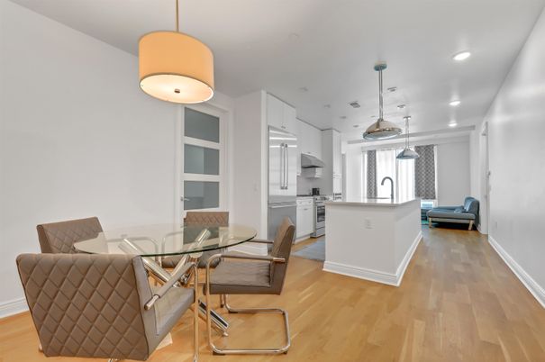 Dining room, Interior, Kitchen, Pendant Lights, Recessed Lighting, Wood Texture Flooring