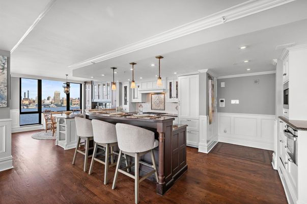 Dining room, Interior, Kitchen, Pendant Lights, Recessed Lighting, Water, Wood Texture Flooring