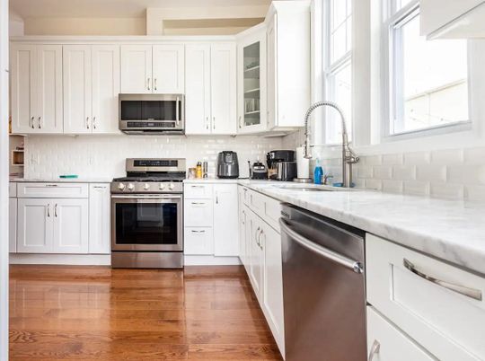 Interior, Kitchen, Stainless Steel Appliances, Wood Texture Flooring