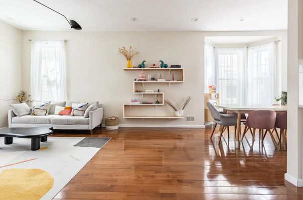 Dining room, Interior, Living room, Recessed Lighting, Wood Texture Flooring