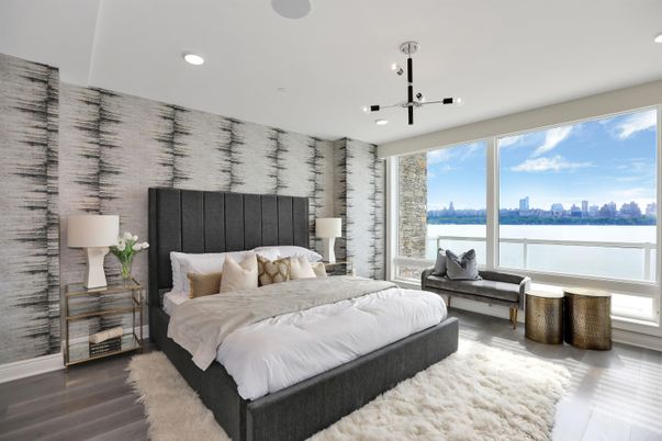 Bedroom, Interior, Pendant Lights, Recessed Lighting, Water, Wood Texture Flooring