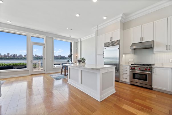 Interior, Kitchen, Recessed Lighting, Stainless Steel Appliances, Water, Wood Texture Flooring