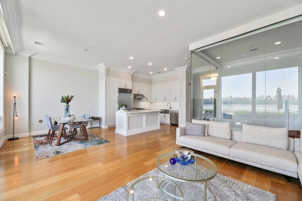 Dining room, Interior, Kitchen, Living room, Recessed Lighting, Stainless Steel Appliances, Wood Texture Flooring