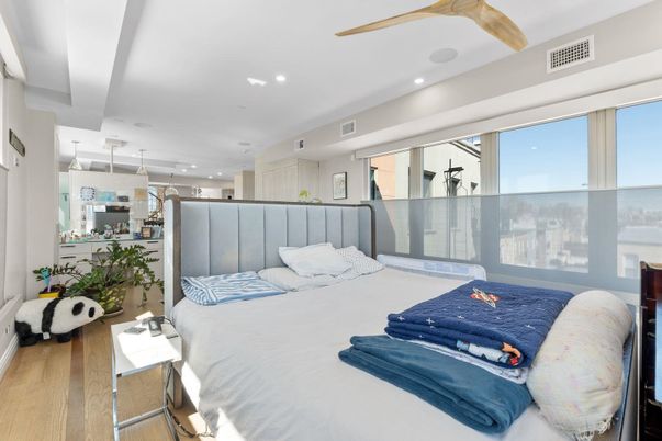 Bedroom, Interior, Pendant Lights, Recessed Lighting, Wood Texture Flooring
