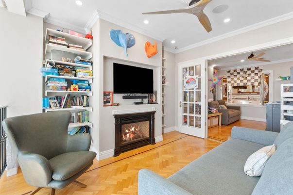 Fireplace, Interior, Living room, Recessed Lighting, Wood Texture Flooring