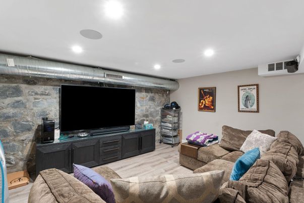Interior, Living room, Recessed Lighting, Stone Walls, Wood Texture Flooring
