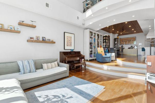 Interior, Living room, Piano, Recessed Lighting, Wood Texture Flooring