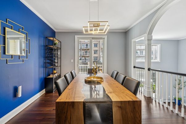 Dining room, Interior, Pendant Lights, Wood Texture Flooring
