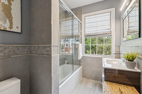Bathroom, Glass Shower, Interior, Wood Texture Flooring