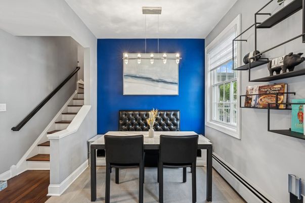 Dining room, Interior, Pendant Lights, Wood Texture Flooring