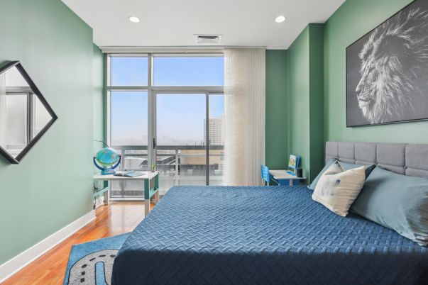 Bedroom, Interior, Recessed Lighting, Water, Wood Texture Flooring