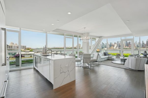 Chandelier, Dining room, Interior, Kitchen, Living room, Recessed Lighting, Water, Wood Texture Flooring