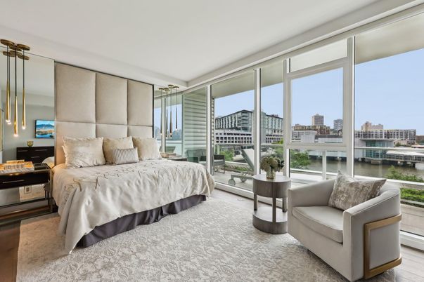 Bedroom, Interior, Pendant Lights, Water, Wood Texture Flooring