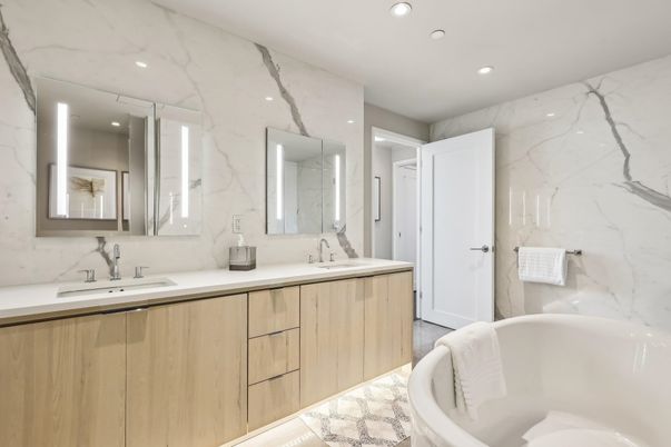 Bathroom, Dual Sink Vanities, Free Standing Baths, Interior, Marble Walls, Recessed Lighting