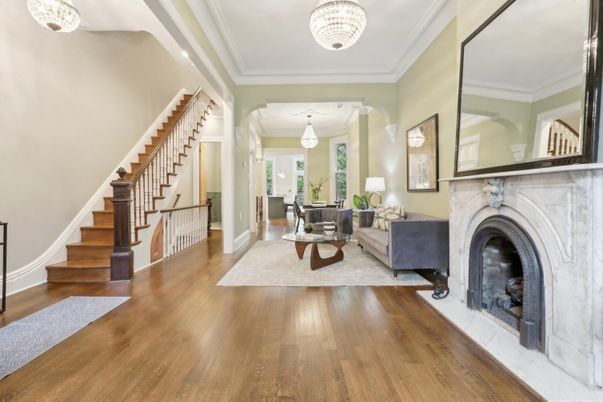 Chandelier, Fireplace, Interior, Living room, Pendant Lights, Recessed Lighting, Wood Texture Flooring