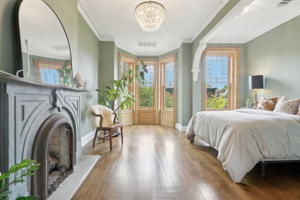 Bedroom, Chandelier, Fireplace, Interior, Wood Texture Flooring