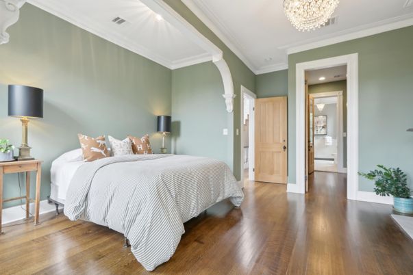 Bedroom, Chandelier, Interior, Recessed Lighting, Wood Texture Flooring