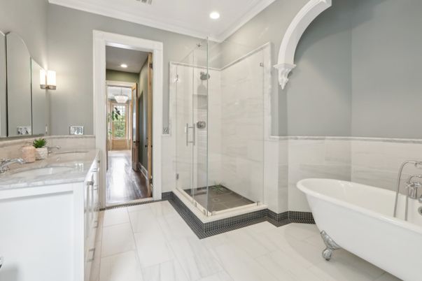 Bathroom, Free Standing Baths, Glass Shower, Interior, Marble, Recessed Lighting