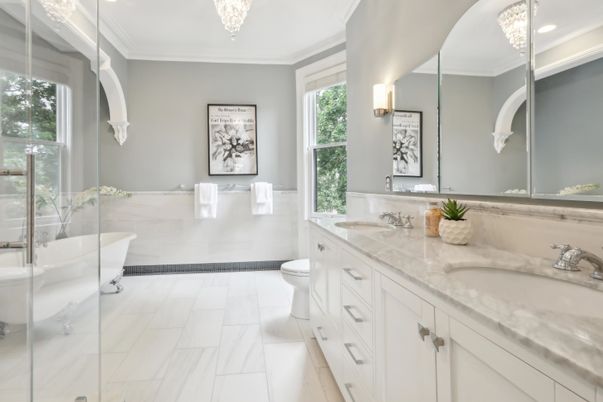 Bathroom, Chandelier, Dual Sink Vanities, Glass Shower, Interior, Marble, Recessed Lighting