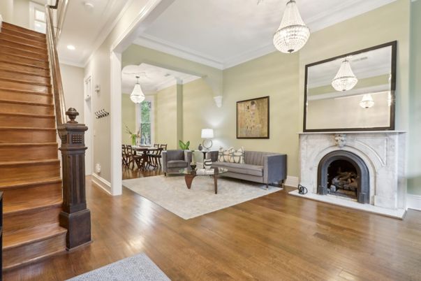 Chandelier, Dining room, Fireplace, Interior, Living room, Pendant Lights, Recessed Lighting, Wood Texture Flooring