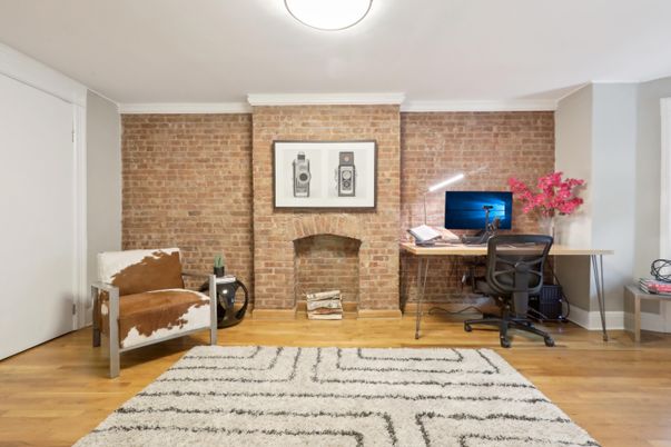 Fireplace, Home Office, Interior, Stone Walls, Wood Texture Flooring