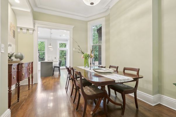 Dining room, Interior, Pendant Lights, Recessed Lighting, Wood Texture Flooring