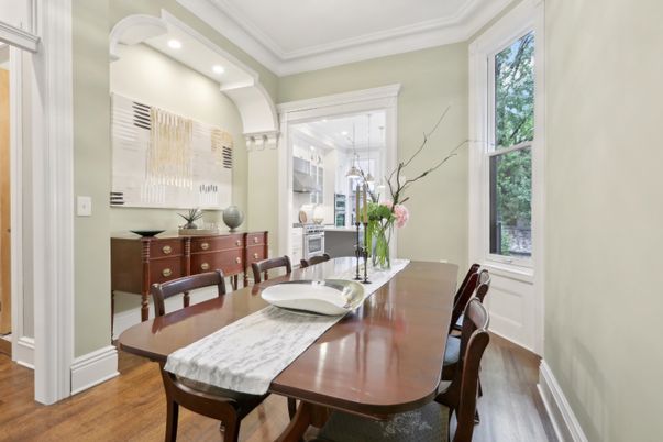 Dining room, Interior, Recessed Lighting, Wood Texture Flooring