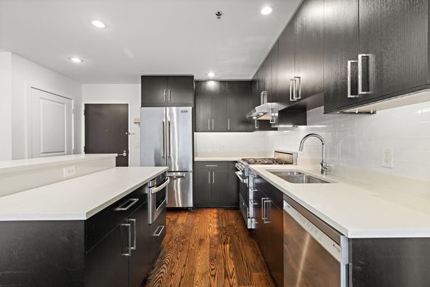 Interior, Kitchen, Recessed Lighting, Stainless Steel Appliances, Wood Texture Flooring
