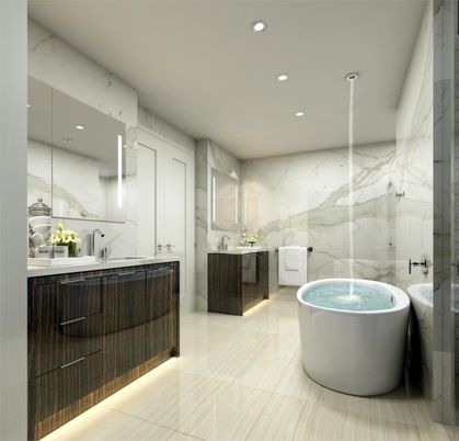 Bathroom, Dual Sink Vanities, Free Standing Baths, Glass Shower, Interior, Marble Walls, Recessed Lighting