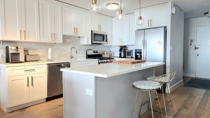 Interior, Kitchen, Pendant Lights, Stainless Steel Appliances, Wood Texture Flooring