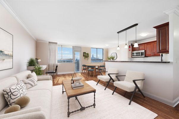 Dining room, Interior, Kitchen, Living room, Pendant Lights, Stainless Steel Appliances, Water, Wood Texture Flooring