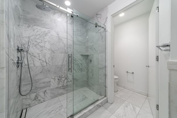 Bathroom, Glass Shower, Interior, Marble, Marble Walls, Recessed Lighting