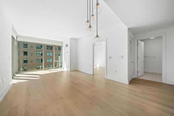 Empty room, Interior, Pendant Lights, Recessed Lighting, Wood Texture Flooring