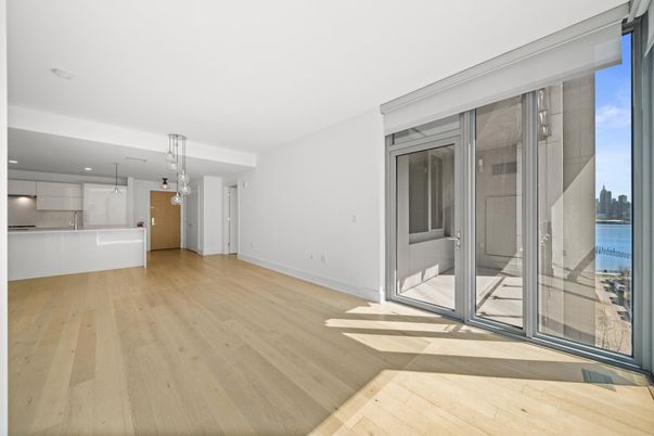 Empty room, Interior, Kitchen, Pendant Lights, Recessed Lighting, Water, Wood Texture Flooring