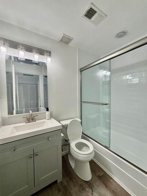 Bathroom, Glass Shower, Interior, Wood Texture Flooring