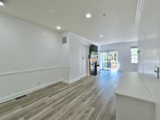 Empty room, Fireplace, Interior, Recessed Lighting, Wood Texture Flooring