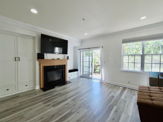 Fireplace, Interior, Recessed Lighting, Wood Texture Flooring
