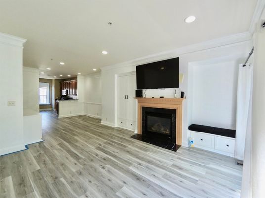 Empty room, Fireplace, Interior, Recessed Lighting, Wood Texture Flooring