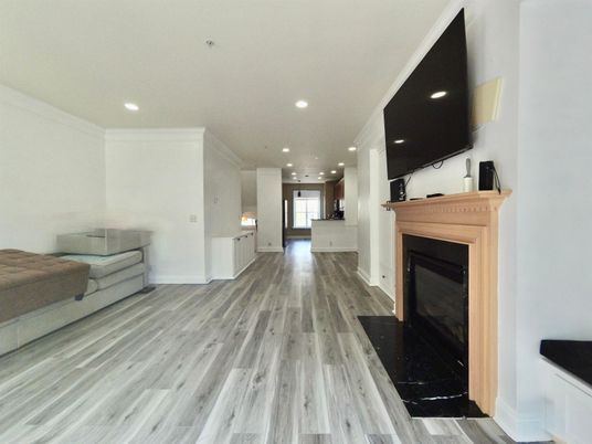 Fireplace, Interior, Recessed Lighting, Wood Texture Flooring