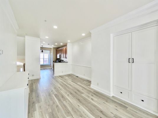 Empty room, Interior, Kitchen, Recessed Lighting, Wood Texture Flooring