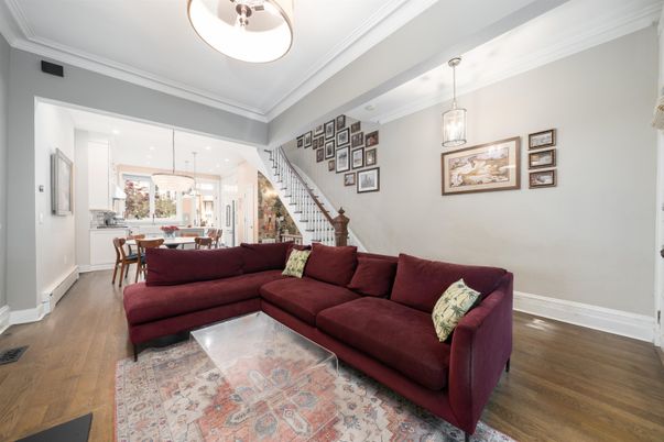 Dining room, Interior, Living room, Pendant Lights, Recessed Lighting, Wood Texture Flooring