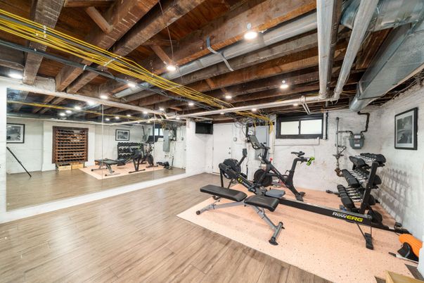 Fitness Equipment, Interior, Stone Walls, Wooden Beams, Wood Texture Flooring