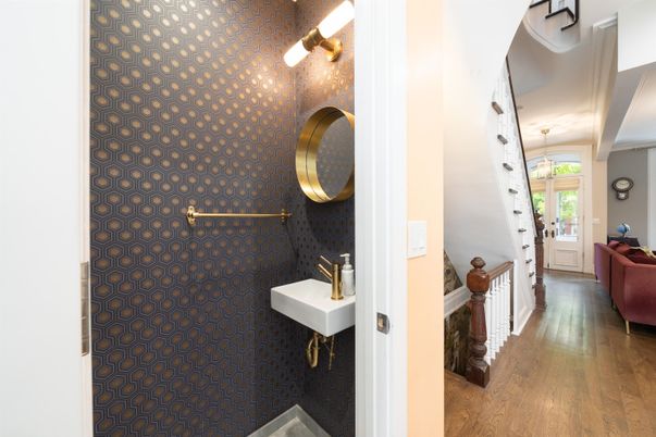 Bathroom, Interior, Pendant Lights, Wood Texture Flooring