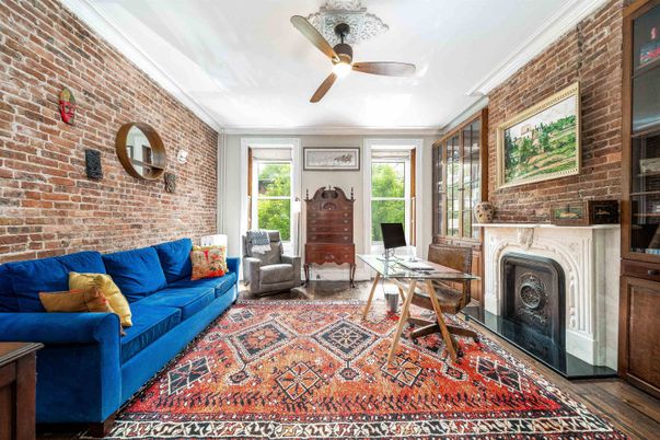 Fireplace, Home Office, Interior, Living room, Stone Walls, Wood Texture Flooring