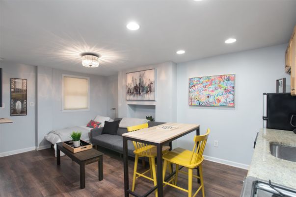 Dining room, Interior, Living room, Recessed Lighting, Wood Texture Flooring